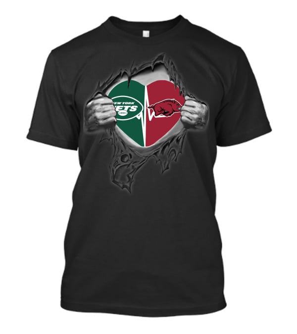 New York Jets Arkansas Razorbacks Heart Torn Reveal T-Shirt