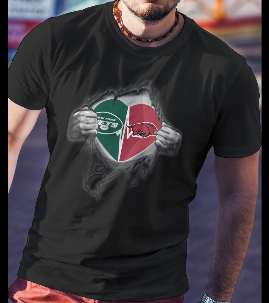 New York Jets Arkansas Razorbacks Heart Torn Reveal T-Shirt
