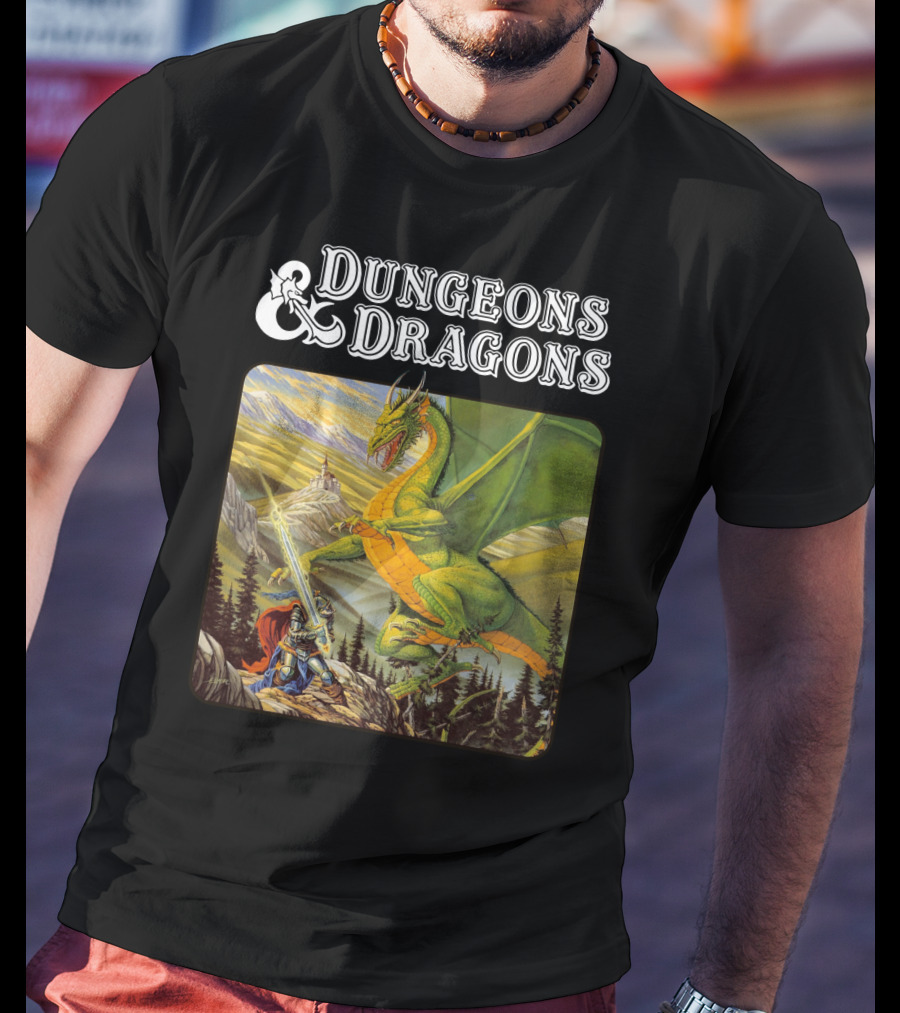 Dungeons And Dragons Knight Battling Green Dragon Scene T-Shirt