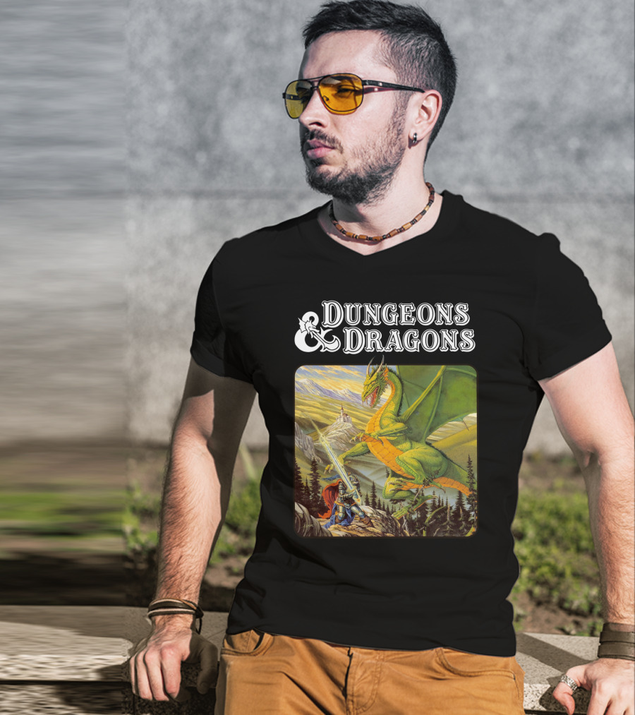 Dungeons And Dragons Knight Battling Green Dragon Scene T-Shirt