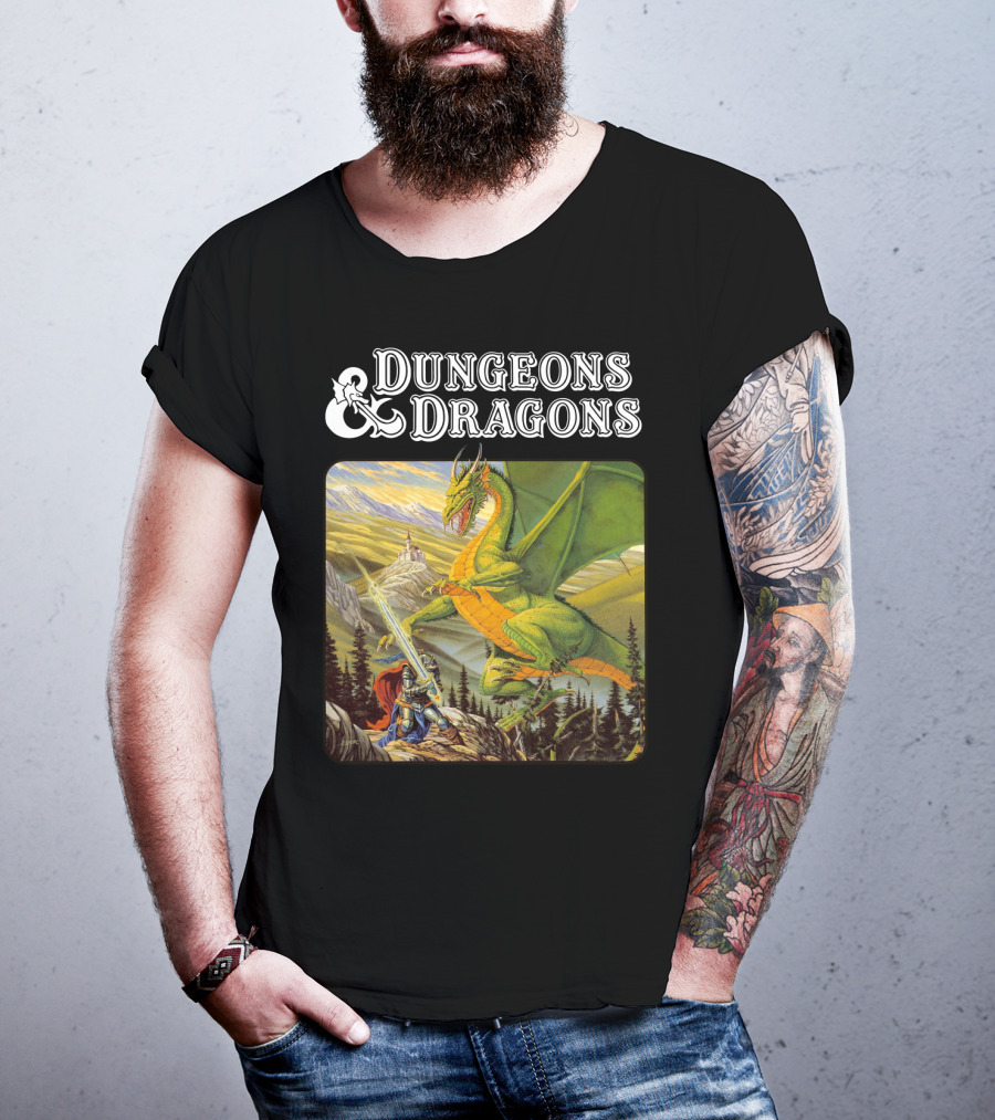 Dungeons And Dragons Knight Battling Green Dragon Scene T-Shirt