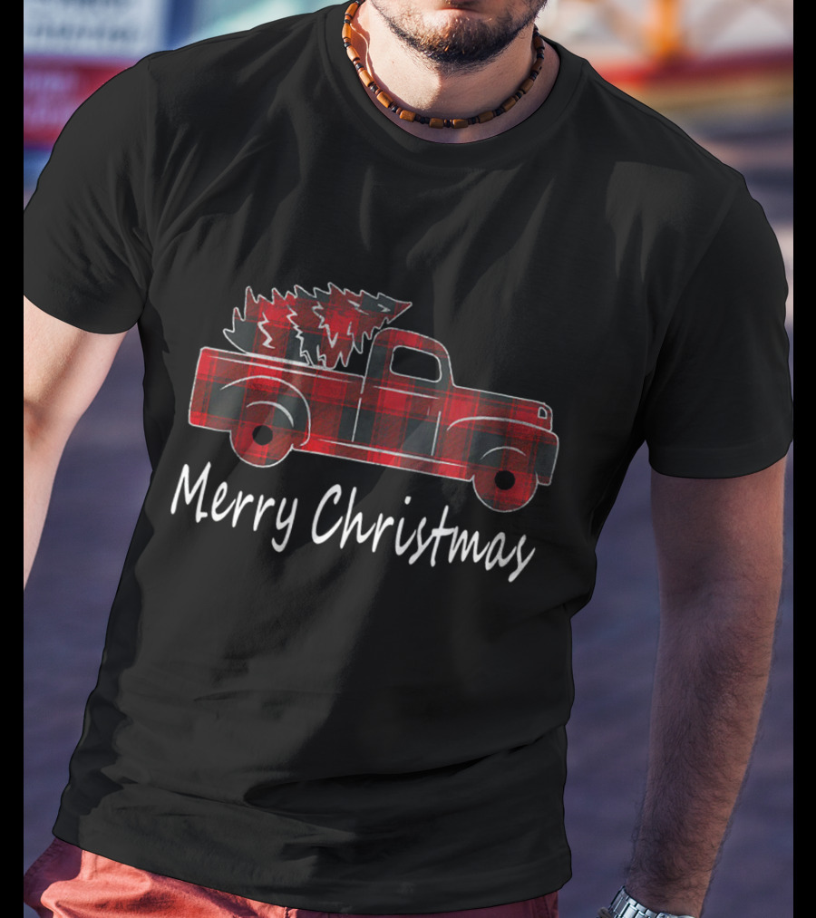 Buffalo Plaid Merry Christmas Red Truck And Tree T-Shirt