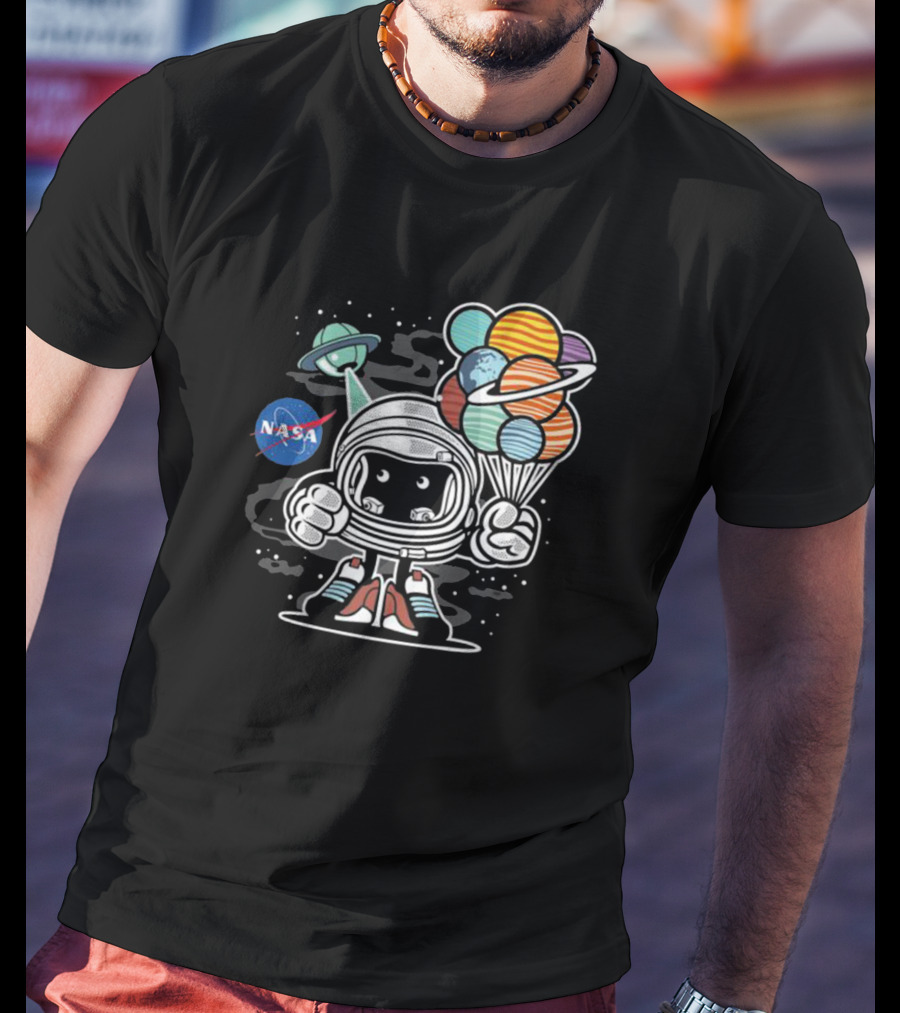 NASA Astronaut Adventure Holding Planet Balloons T-Shirt