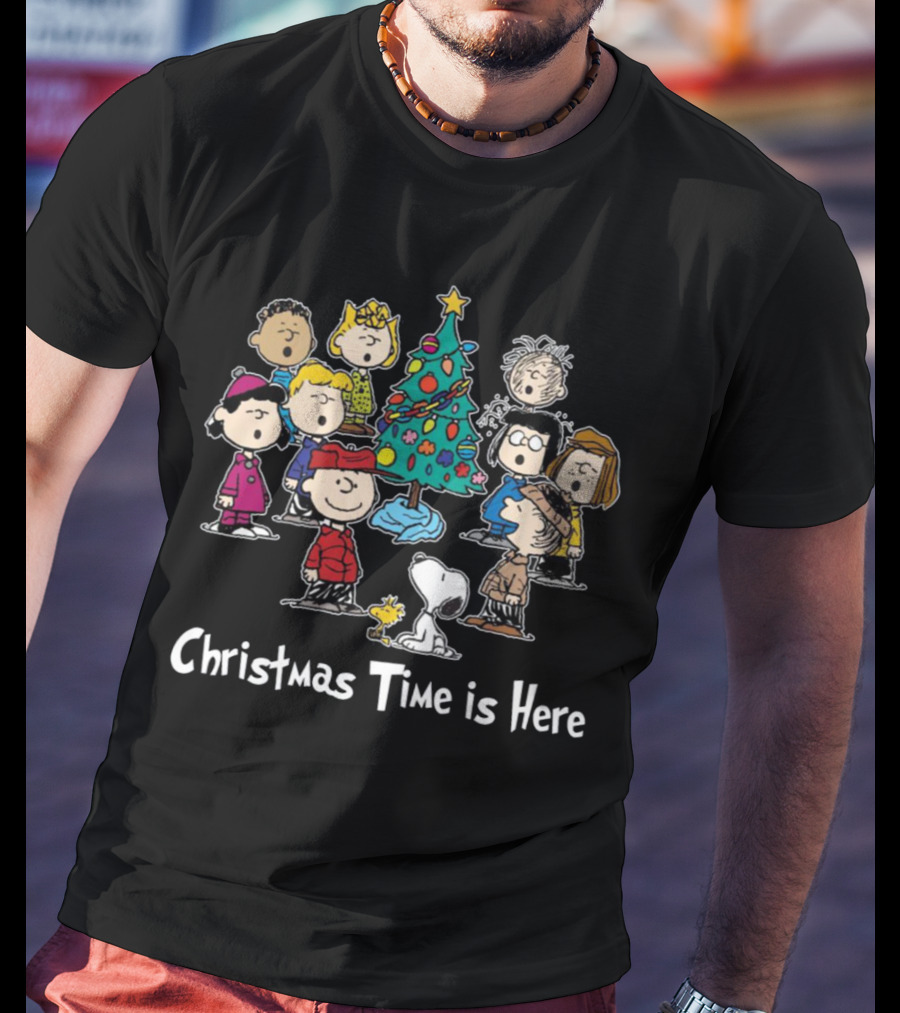 Christmas Time Is Here Peanuts Characters Gather Around The Festive Tree T-Shirt