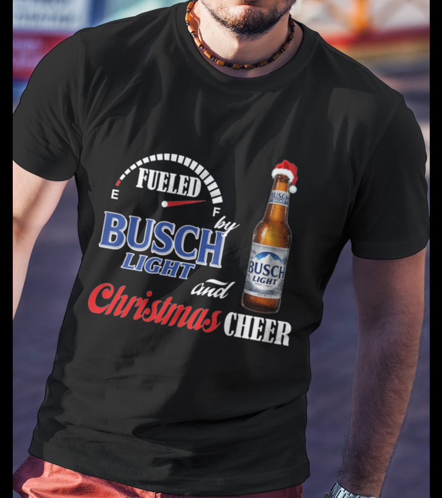 Fueled By Busch Light Christmas Cheer Beer Bottle Santa Hat T-Shirt
