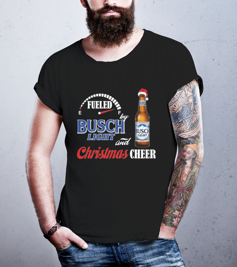 Fueled By Busch Light Christmas Cheer Beer Bottle Santa Hat T-Shirt