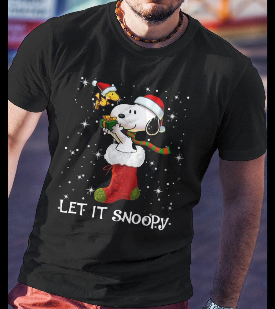 Let It Snoopy Snoopy In Christmas Sock With Santa Hat And Present T-Shirt