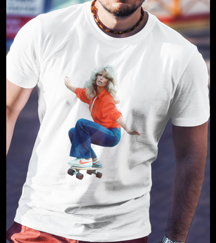 Farrah Fawcett Iconic Skateboarding Pose In Red Sweater And Sneakers T-Shirt