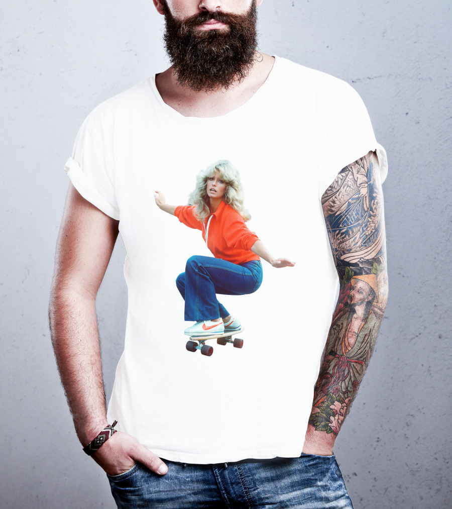 Farrah Fawcett Iconic Skateboarding Pose In Red Sweater And Sneakers T-Shirt