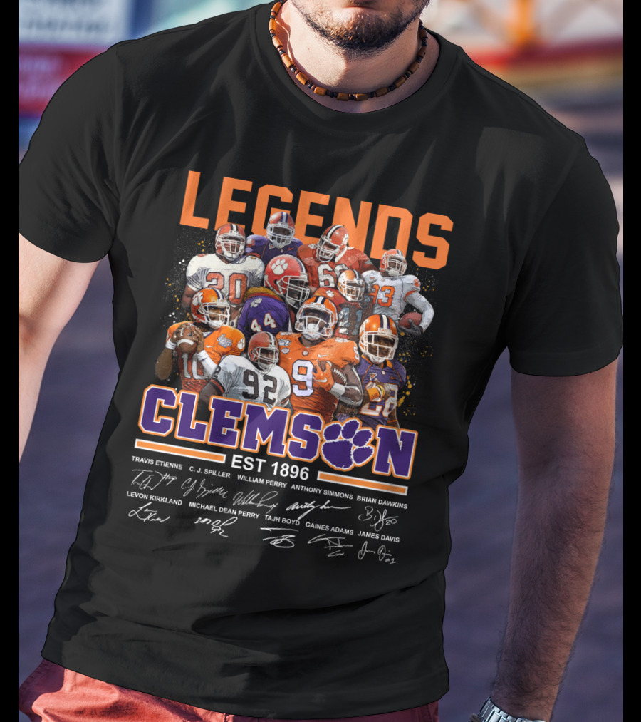 Clemson Legends EST 1896 Travis Etienne C.J. Spiller William Perry Anthony Simmons Brian Dawkins Levon Kirkland Michael Dean Perry Tajh Boyd Gaines Adams James Davis T-Shirt