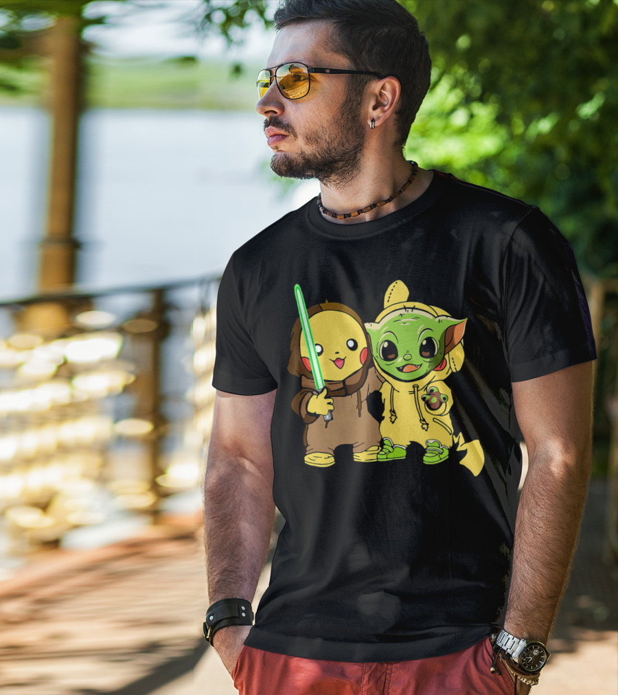 Baby Yoda Pikachu With Lightsaber Jedi Hoodie Duo T-Shirt