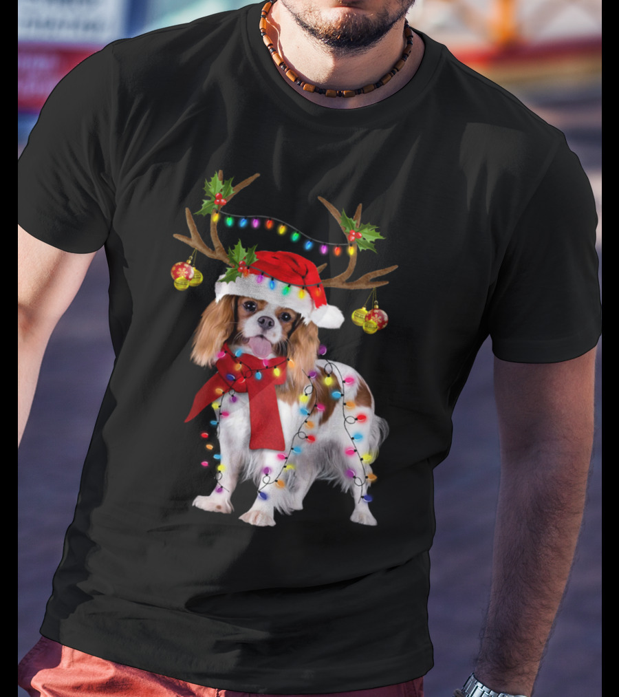 Cavalier King Charles Spaniel Christmas Reindeer Lights T-Shirt