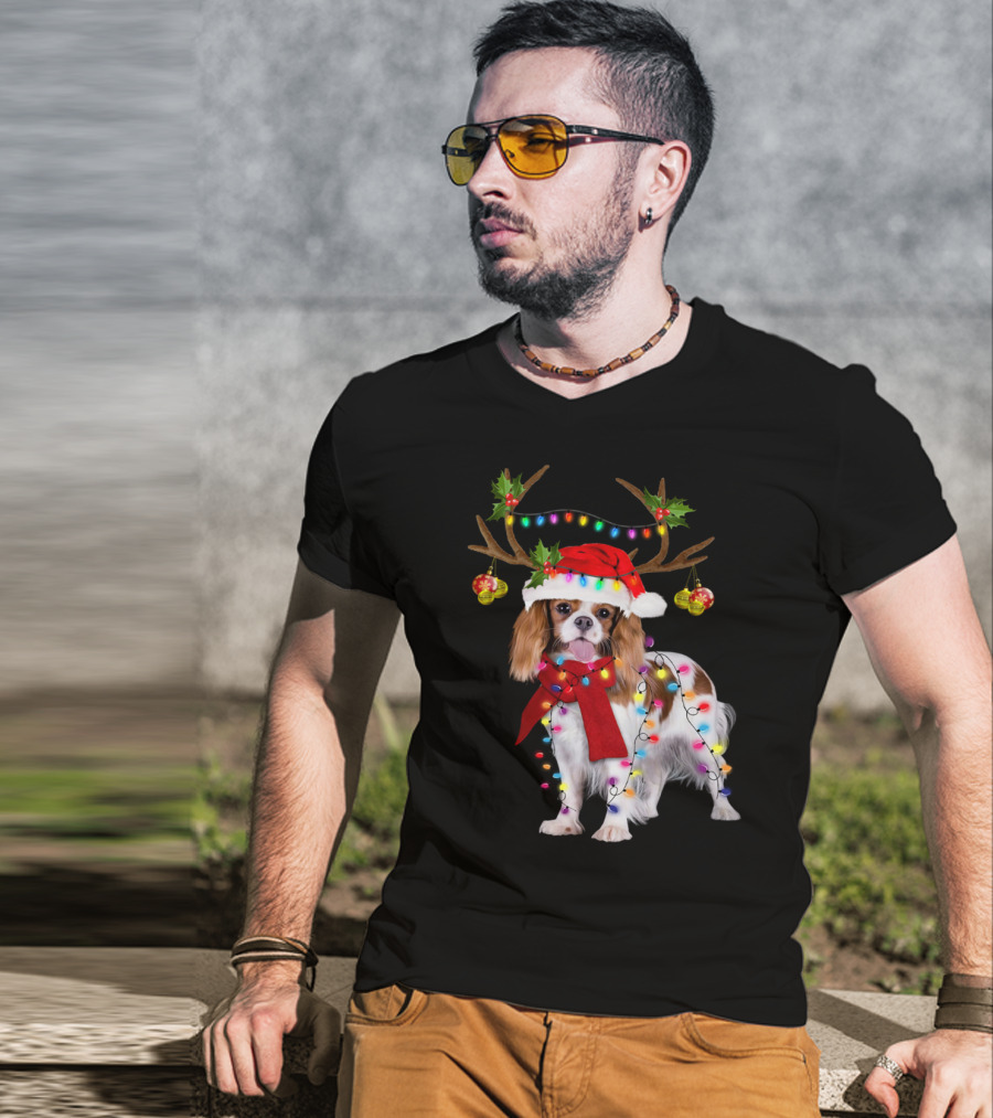 Cavalier King Charles Spaniel Christmas Reindeer Lights T-Shirt