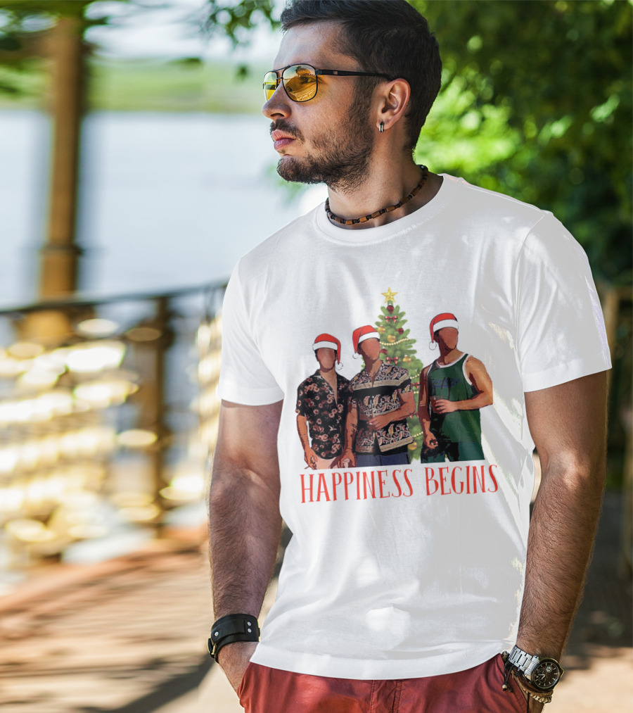 Happiness Begins Santa Trio With Christmas Tree T-Shirt