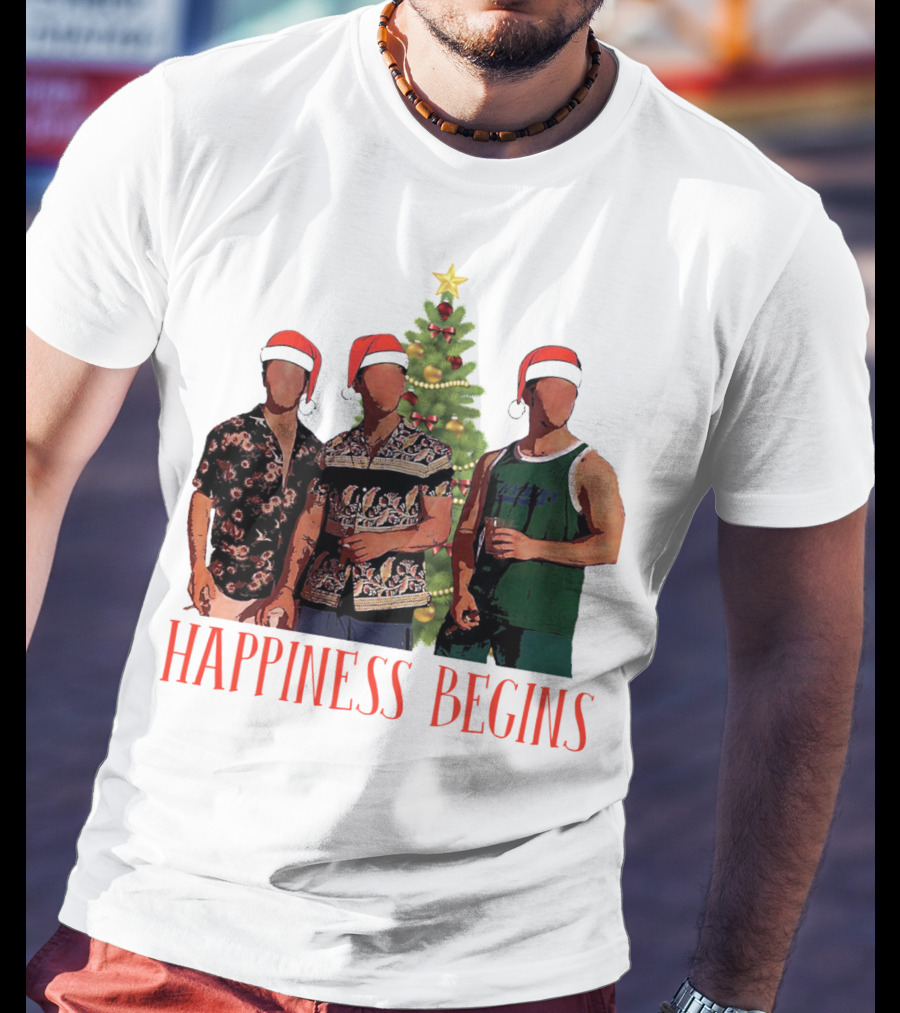 Happiness Begins Santa Trio With Christmas Tree T-Shirt