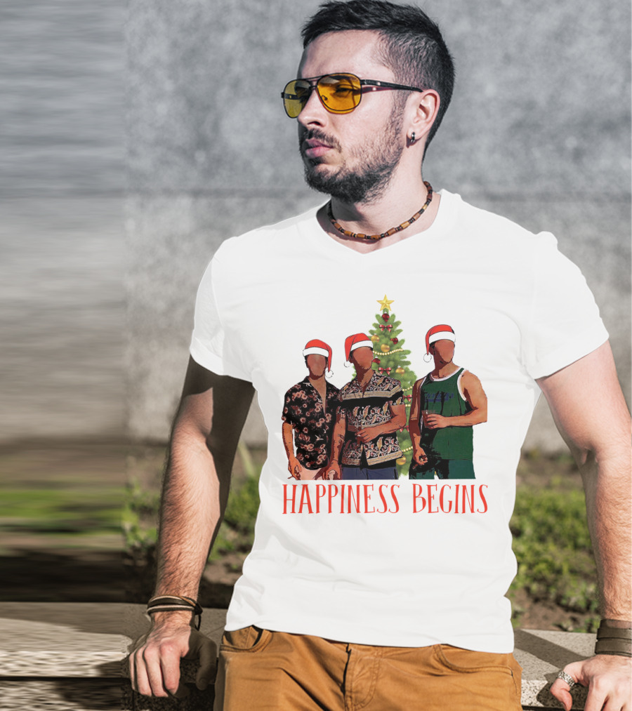 Happiness Begins Santa Trio With Christmas Tree T-Shirt