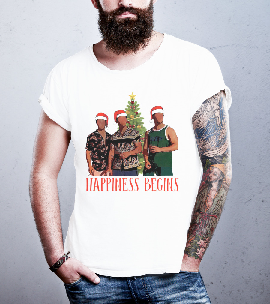 Happiness Begins Santa Trio With Christmas Tree T-Shirt