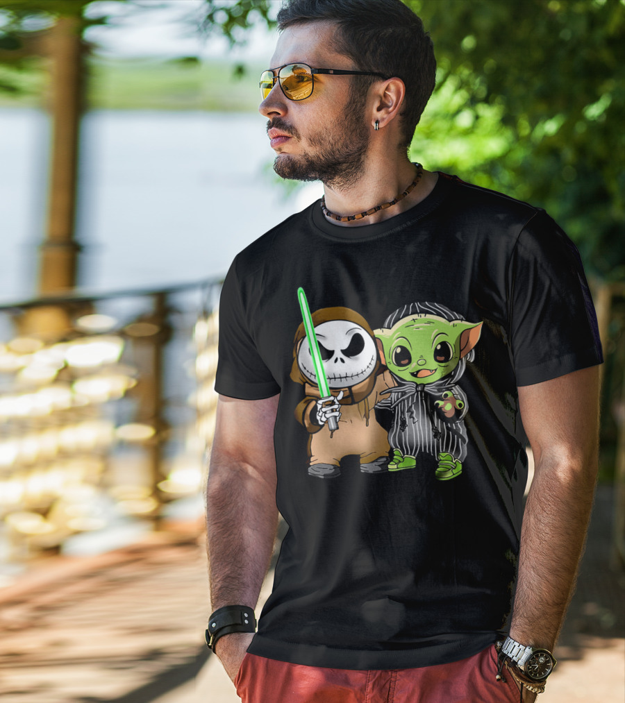 Jack Skellington In Jedi Robe And Baby Yoda In Striped Suit With Lightsaber T-Shirt