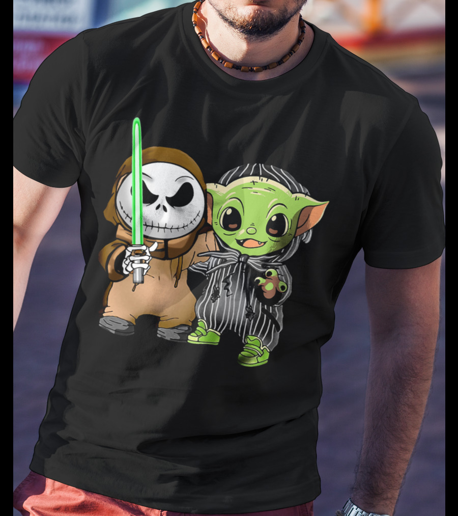Jack Skellington In Jedi Robe And Baby Yoda In Striped Suit With Lightsaber T-Shirt