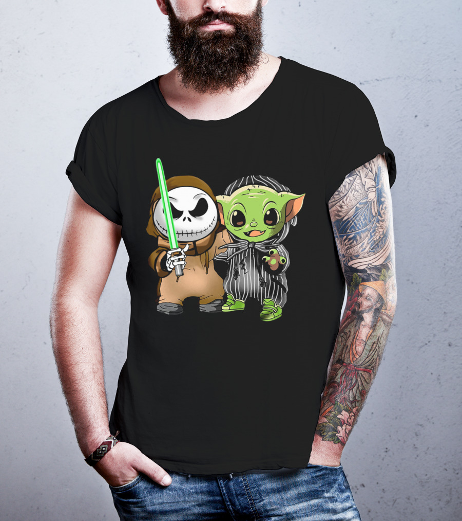 Jack Skellington In Jedi Robe And Baby Yoda In Striped Suit With Lightsaber T-Shirt