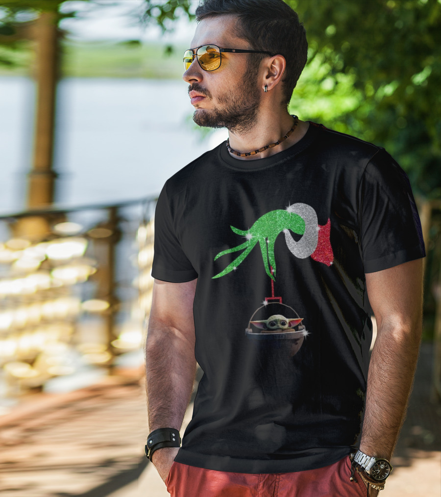 Grinch Glitter Hand Holding Baby Yoda T-Shirt