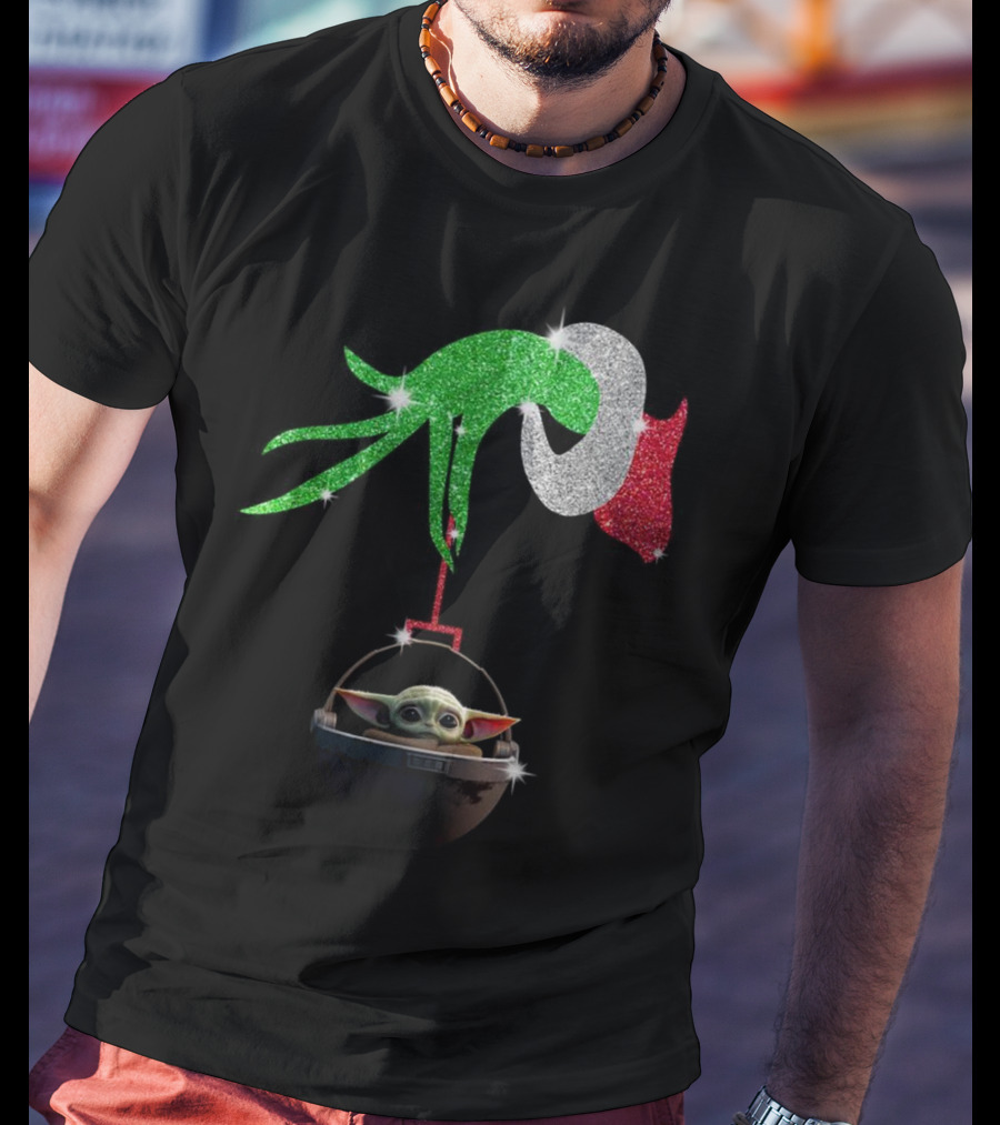 Grinch Glitter Hand Holding Baby Yoda T-Shirt