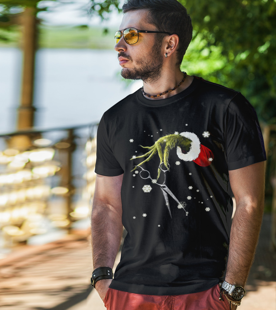 Grinch Hand Holding Scissors Santa Hat Snowflakes T-Shirt