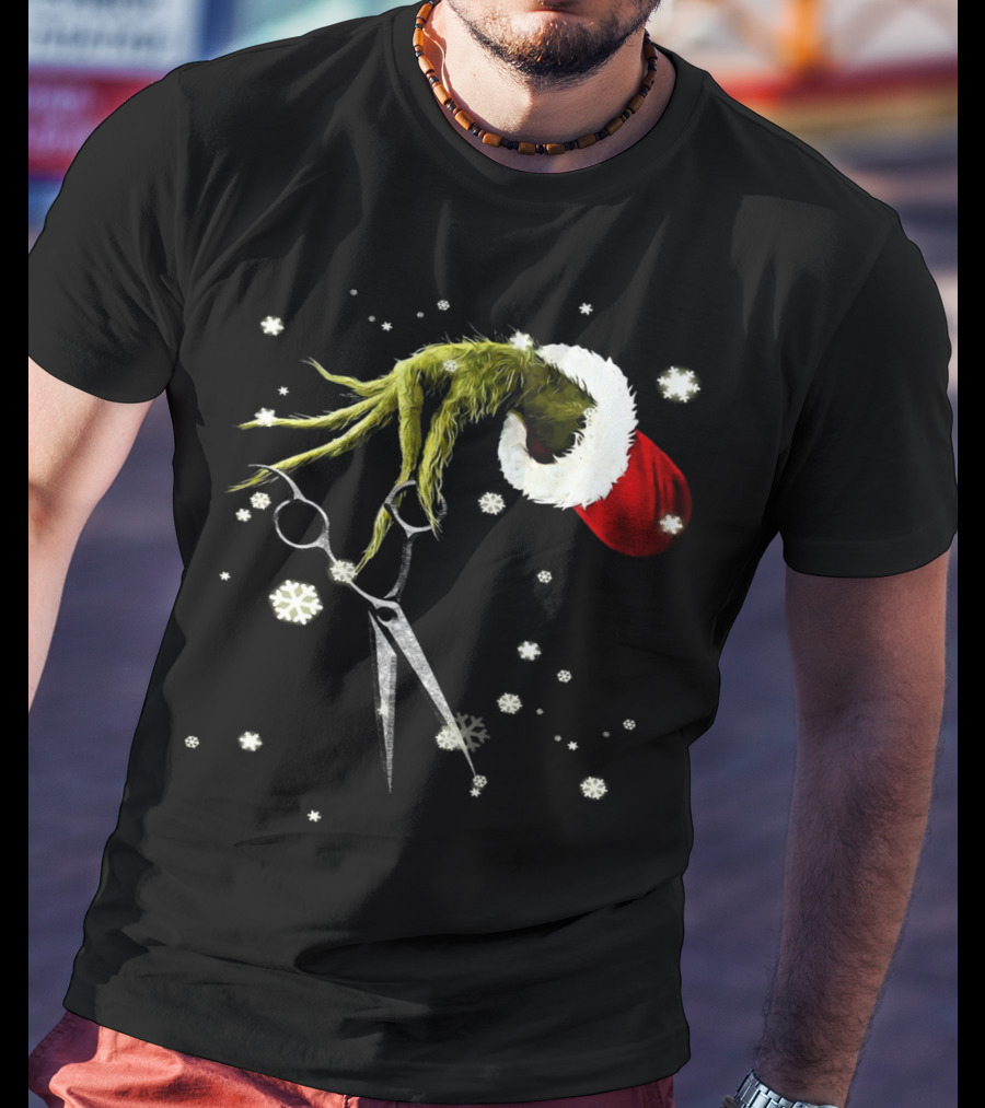 Grinch Hand Holding Scissors Santa Hat Snowflakes T-Shirt
