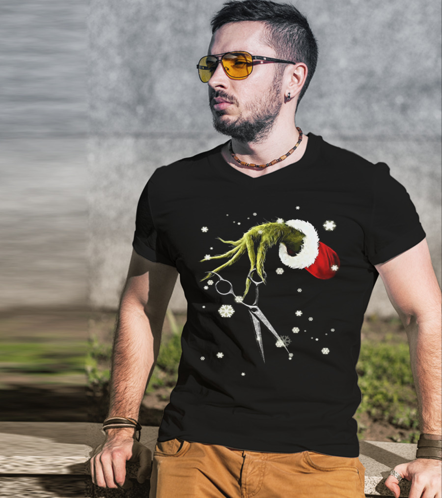 Grinch Hand Holding Scissors Santa Hat Snowflakes T-Shirt