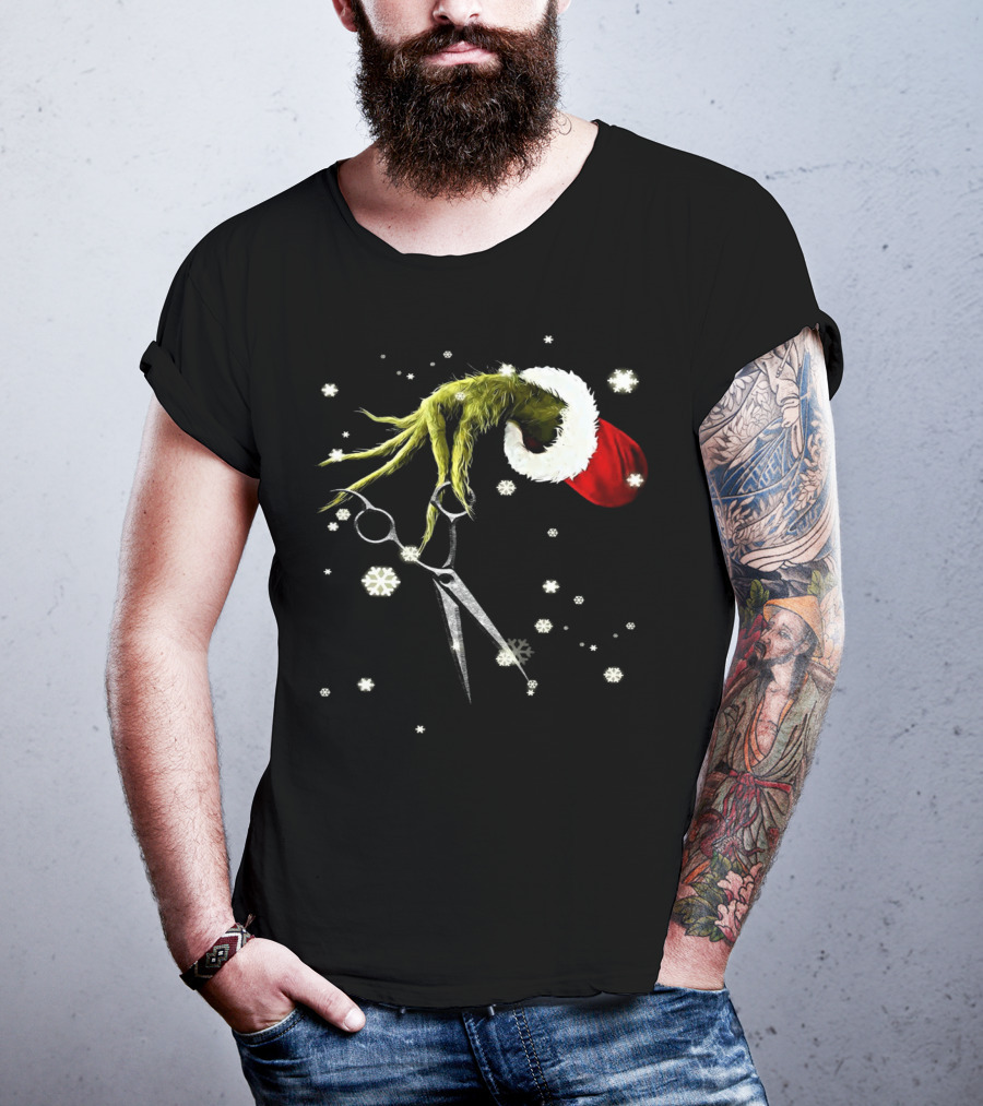 Grinch Hand Holding Scissors Santa Hat Snowflakes T-Shirt