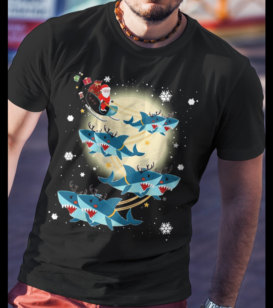 Santa Claus Riding Shark Reindeer Full Moon Snowflakes T-Shirt