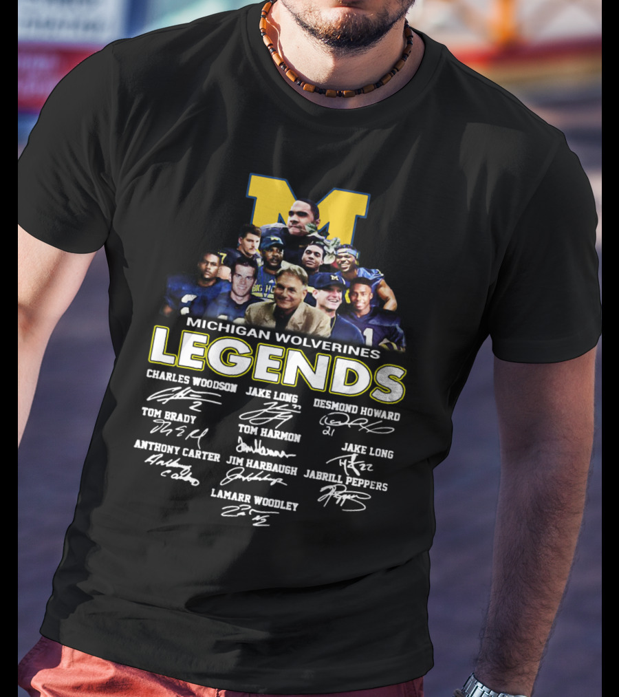 Michigan Wolverines Legends Charles Woodson Desmond Howard Tom Brady Jim Harbaugh Signatures T-Shirt