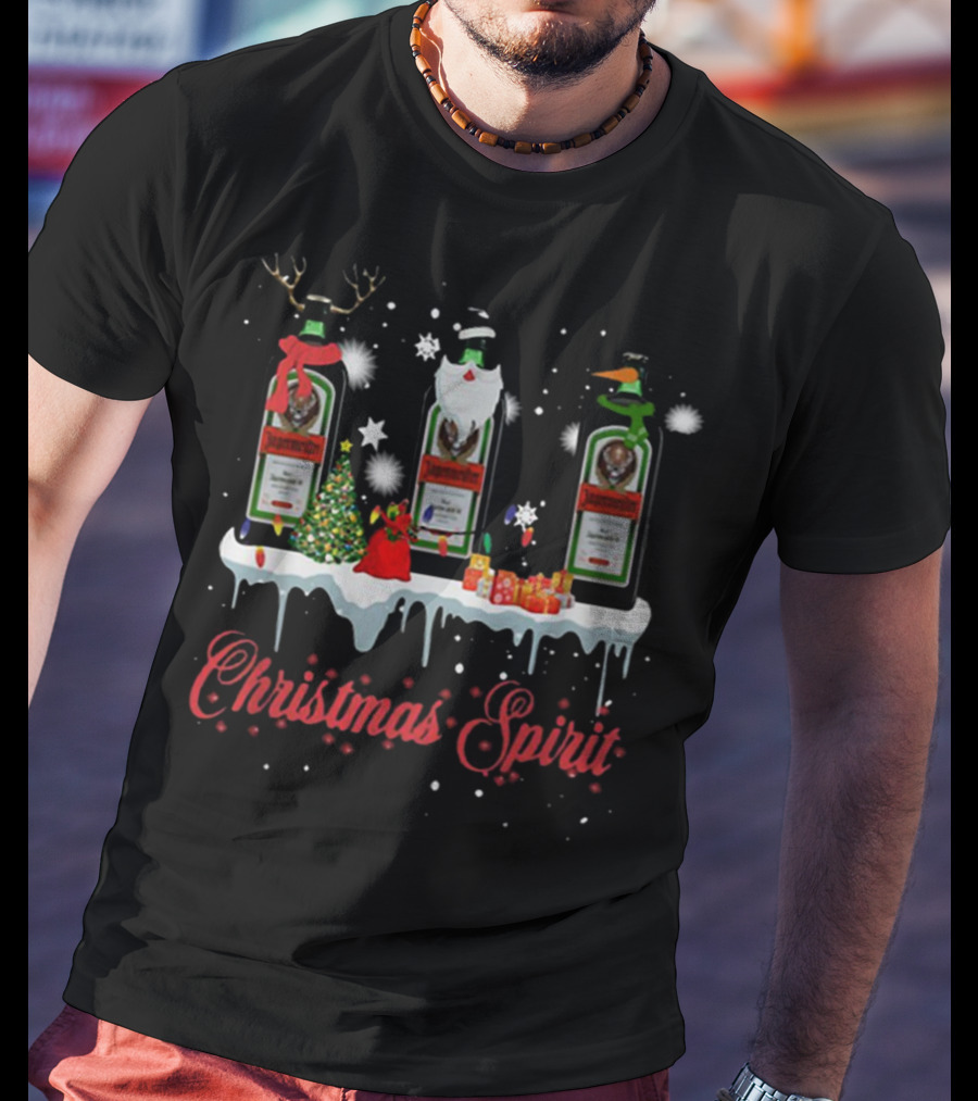 Christmas Spirit Jagermeister Bottles With Holiday Decorations And Snowflakes T-Shirt