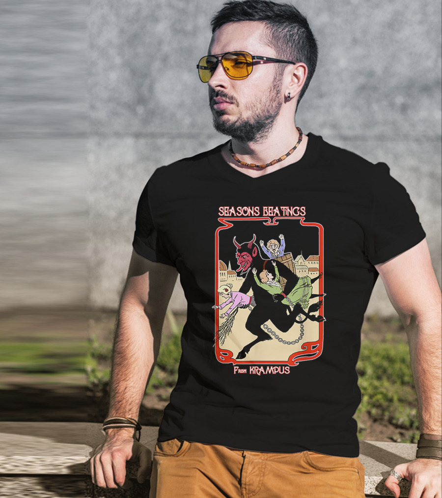 Seasons Beatings From Krampus With Festive Cityscape And Naughty Children T-Shirt