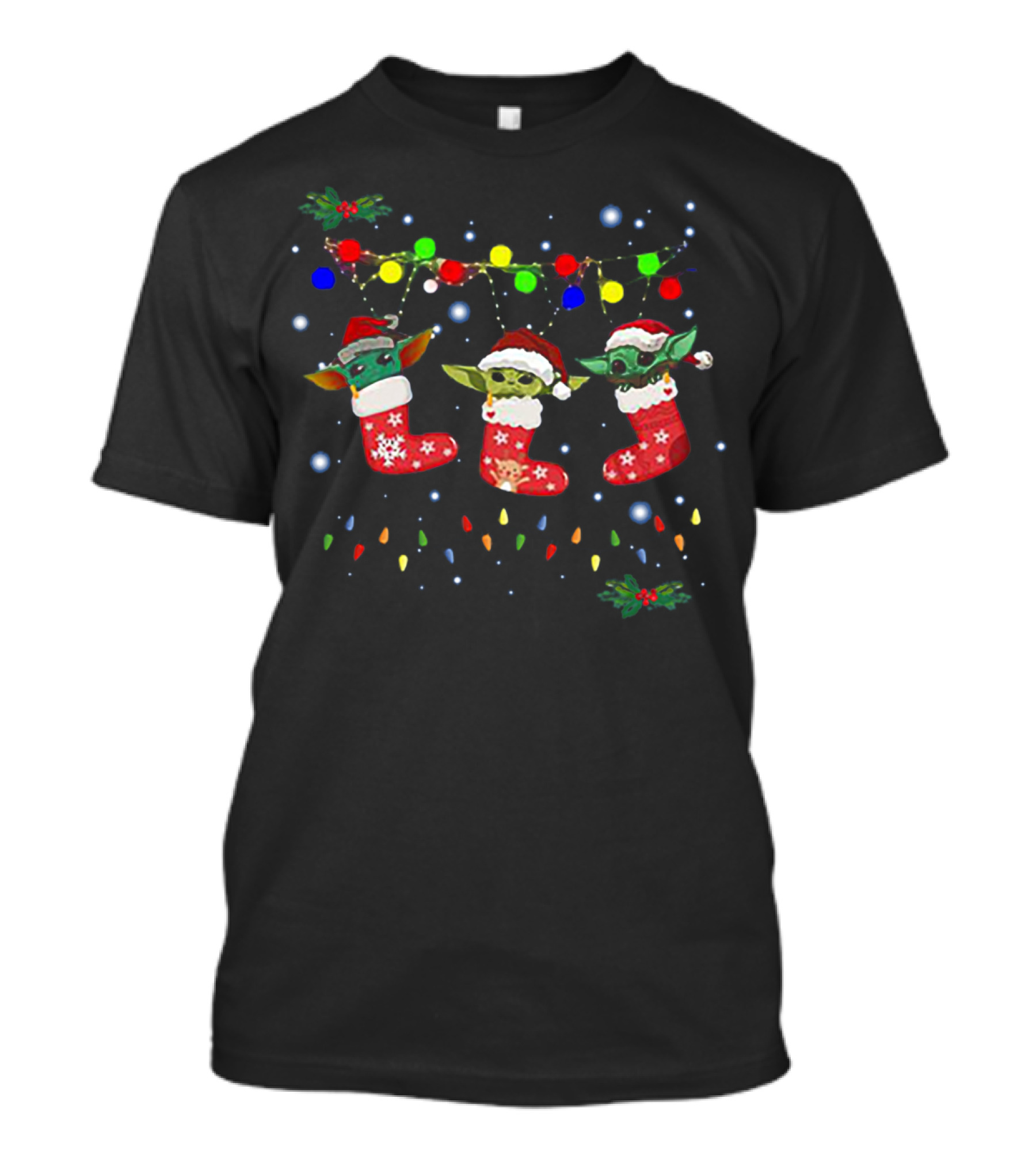 In Stock Light Christmas Baby Yoda Santa Stockings Multicolored Lights T-Shirt