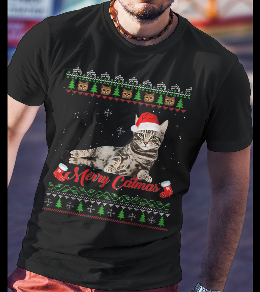 Merry Catmas Christmas Cat Santa Hat Festive Design With Christmas Trees And Stockings T-Shirt