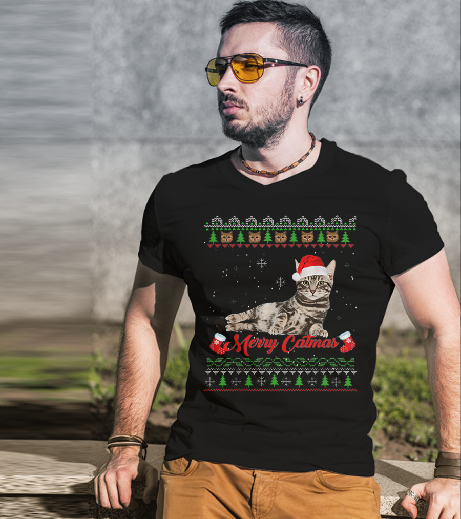 Merry Catmas Christmas Cat Santa Hat Festive Design With Christmas Trees And Stockings T-Shirt