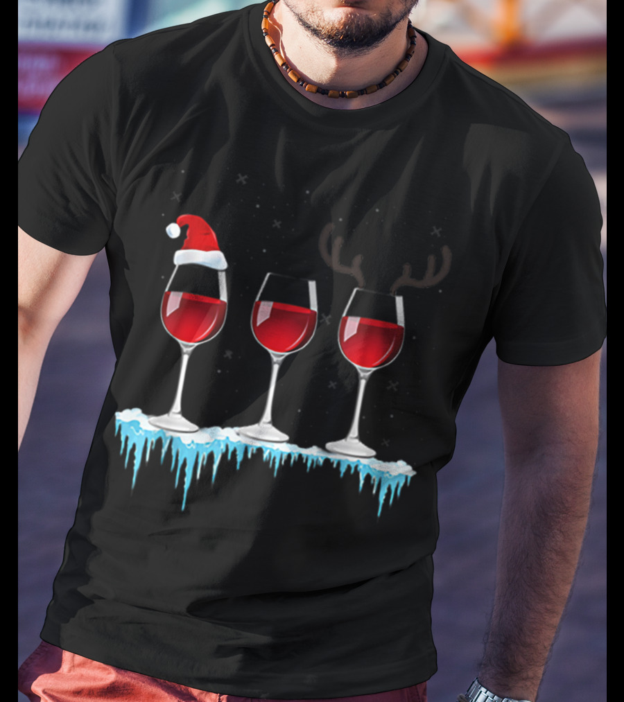 Red Wine Three Glasses Santa Hat Antlers Snow Holiday T-Shirt