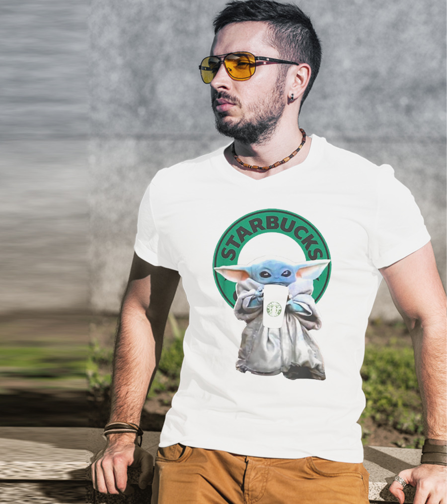 Star Wars Baby Yoda Holding Starbucks Coffee Cup T-Shirt