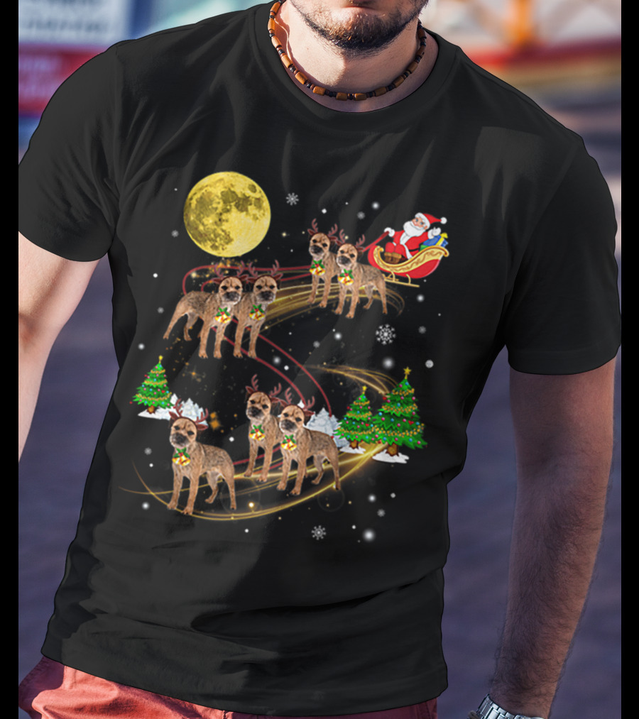 Border Terrier Dog Christmas Santa Reindeer Sleigh Holiday Fun T-Shirt