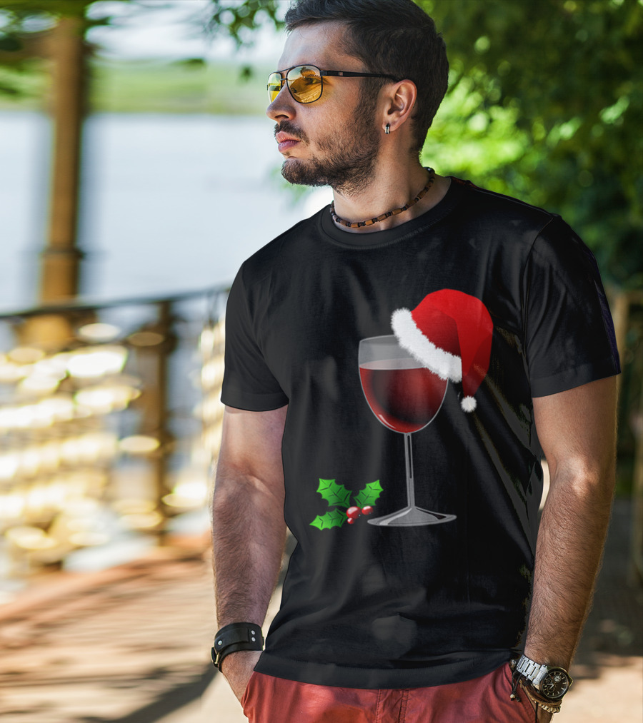 Wine Christmas Santa Hat Holly T-Shirt