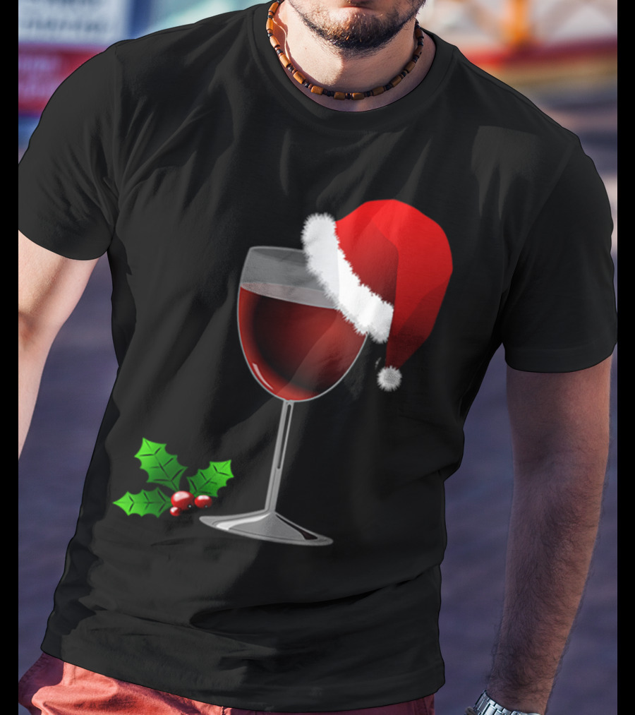 Wine Christmas Santa Hat Holly T-Shirt