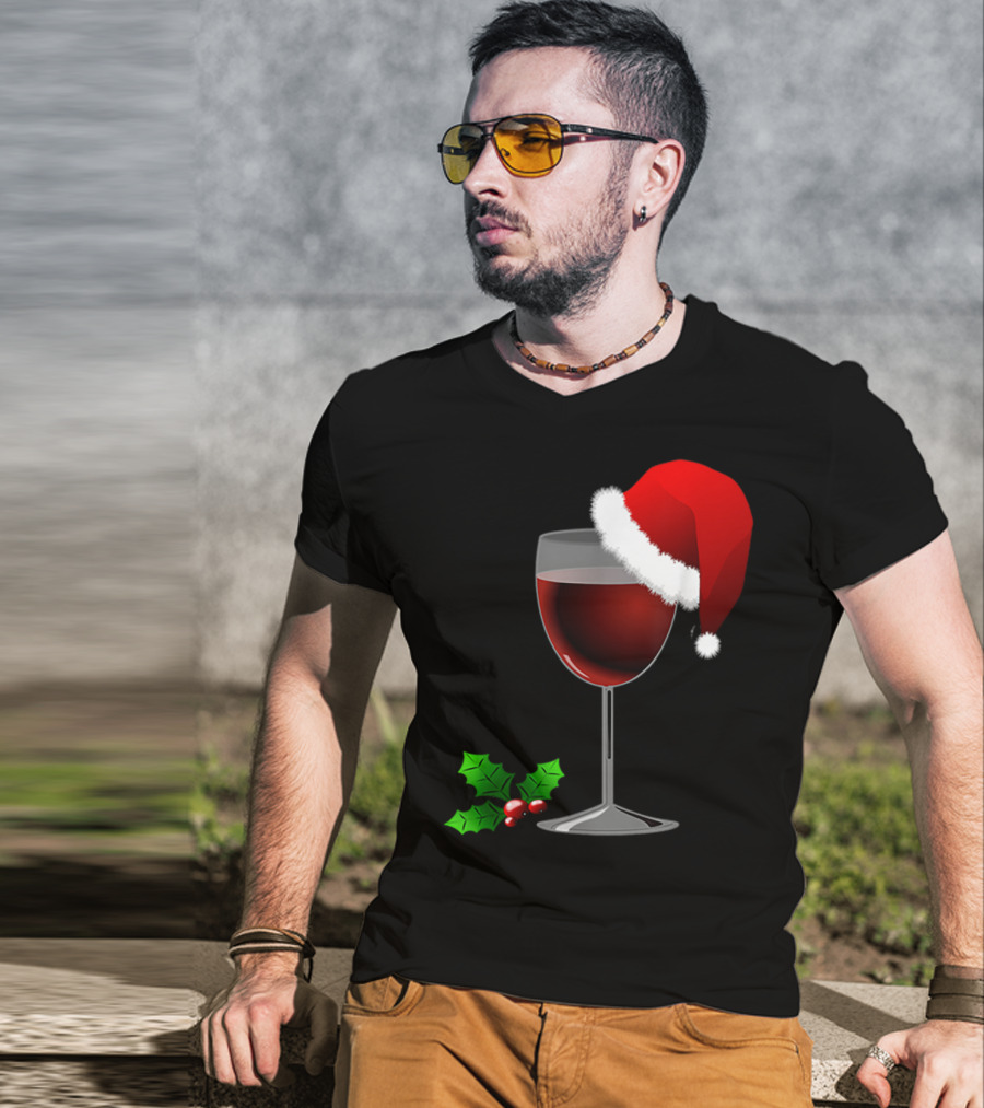 Wine Christmas Santa Hat Holly T-Shirt