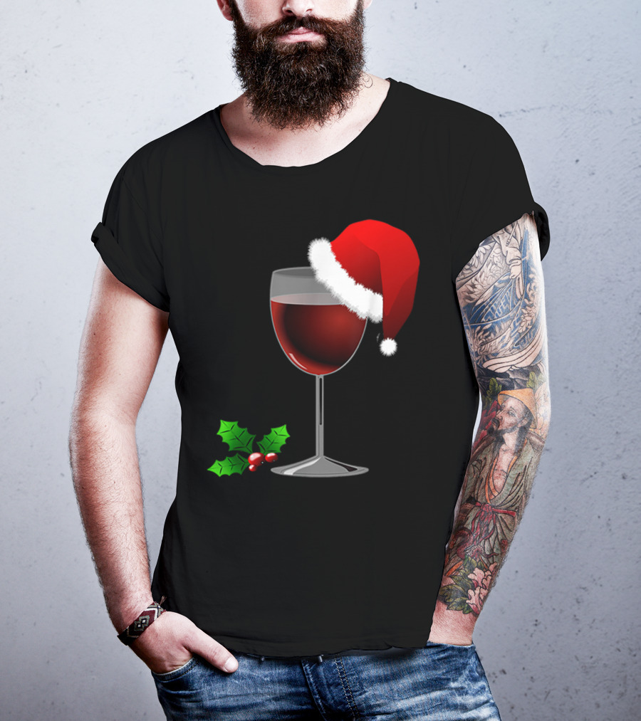 Wine Christmas Santa Hat Holly T-Shirt