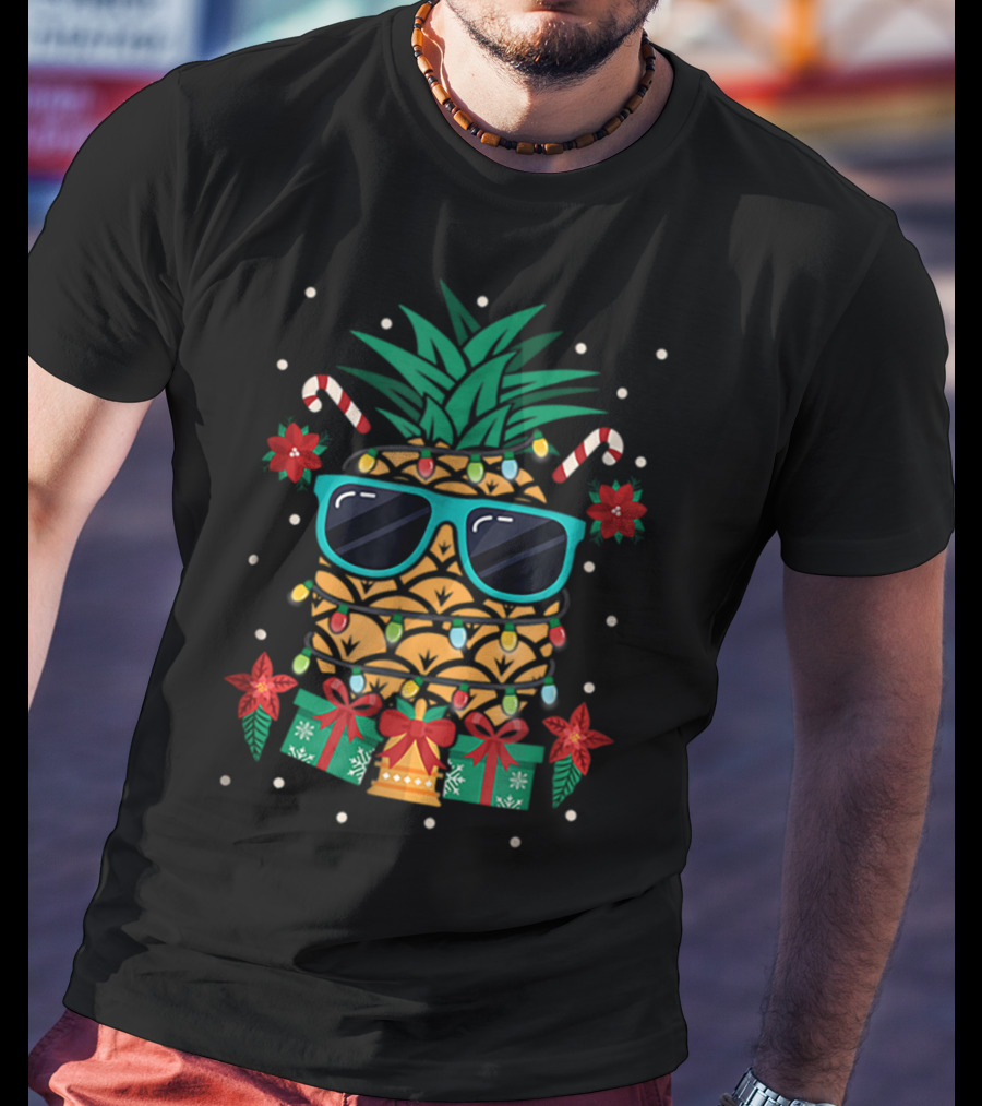 Tropical Christmas Cruise Festive Pineapple Sunglasses Candy Canes Lights T-Shirt
