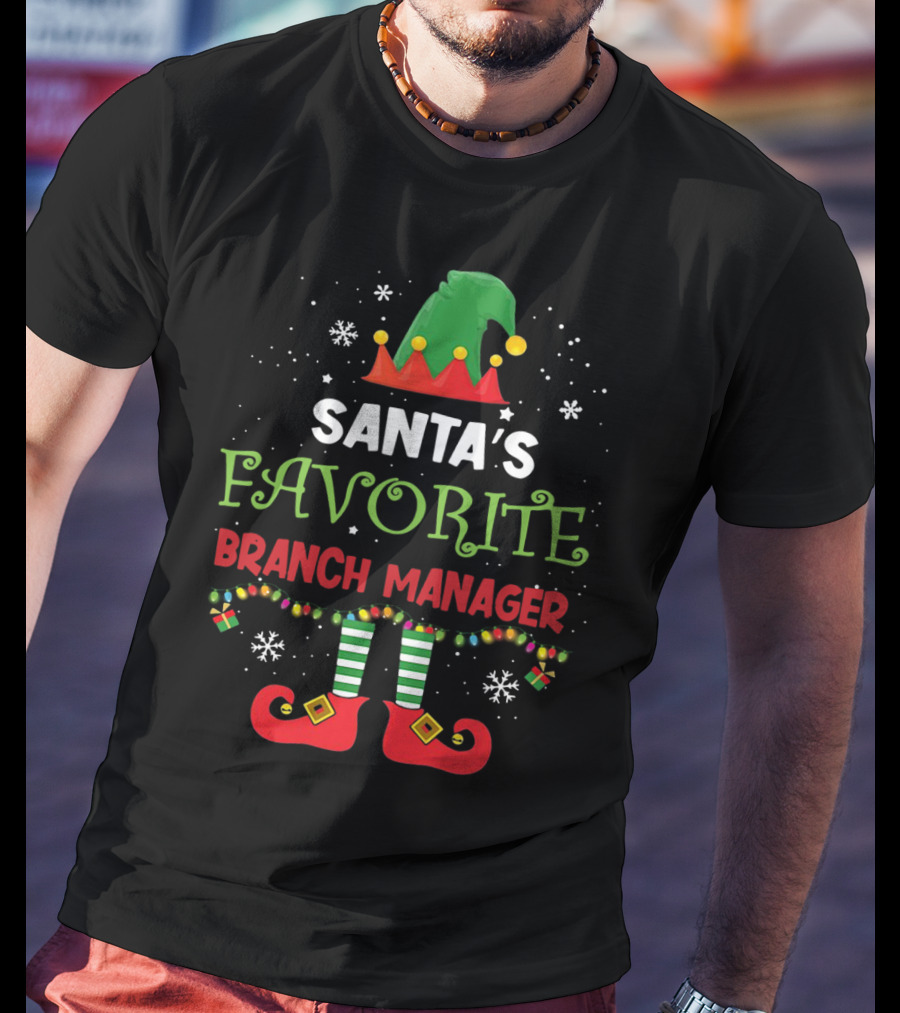 Santa's Favorite Branch Manager Elf Christmas Lights Hat Snowflakes T-Shirt