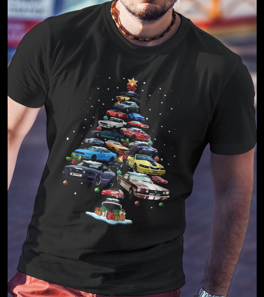 Mustang Christmas Tree With Iconic Cars And Festive Decorations T-Shirt