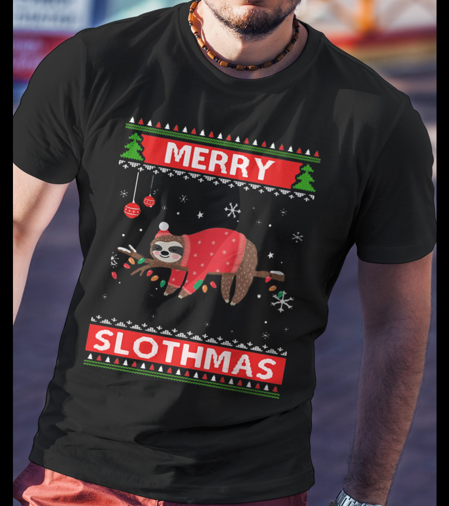 Merry Slothmas Christmas Sloth In Festive Sweater With Trees And Snowflakes T-Shirt