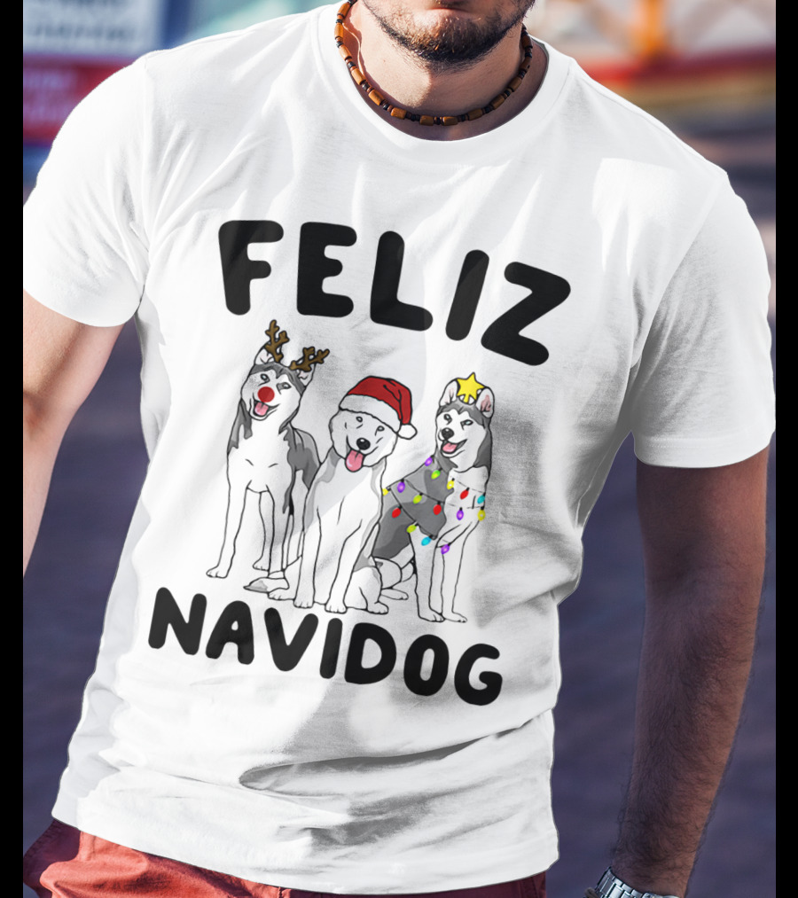 Feliz Navidog Husky Reindeer Santa Lights T-Shirt