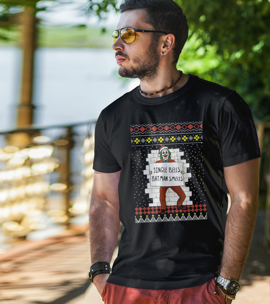 Jingle Bells Batman Smells Joker In Santa Hat Ugly Christmas T-Shirt